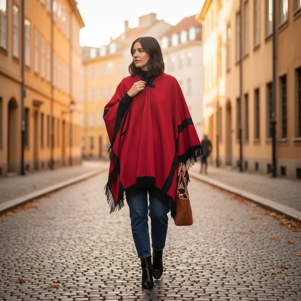 Vintage Red Fringe Poncho Cape Boho Western Festival Statement Wrap‎ Wool Blend